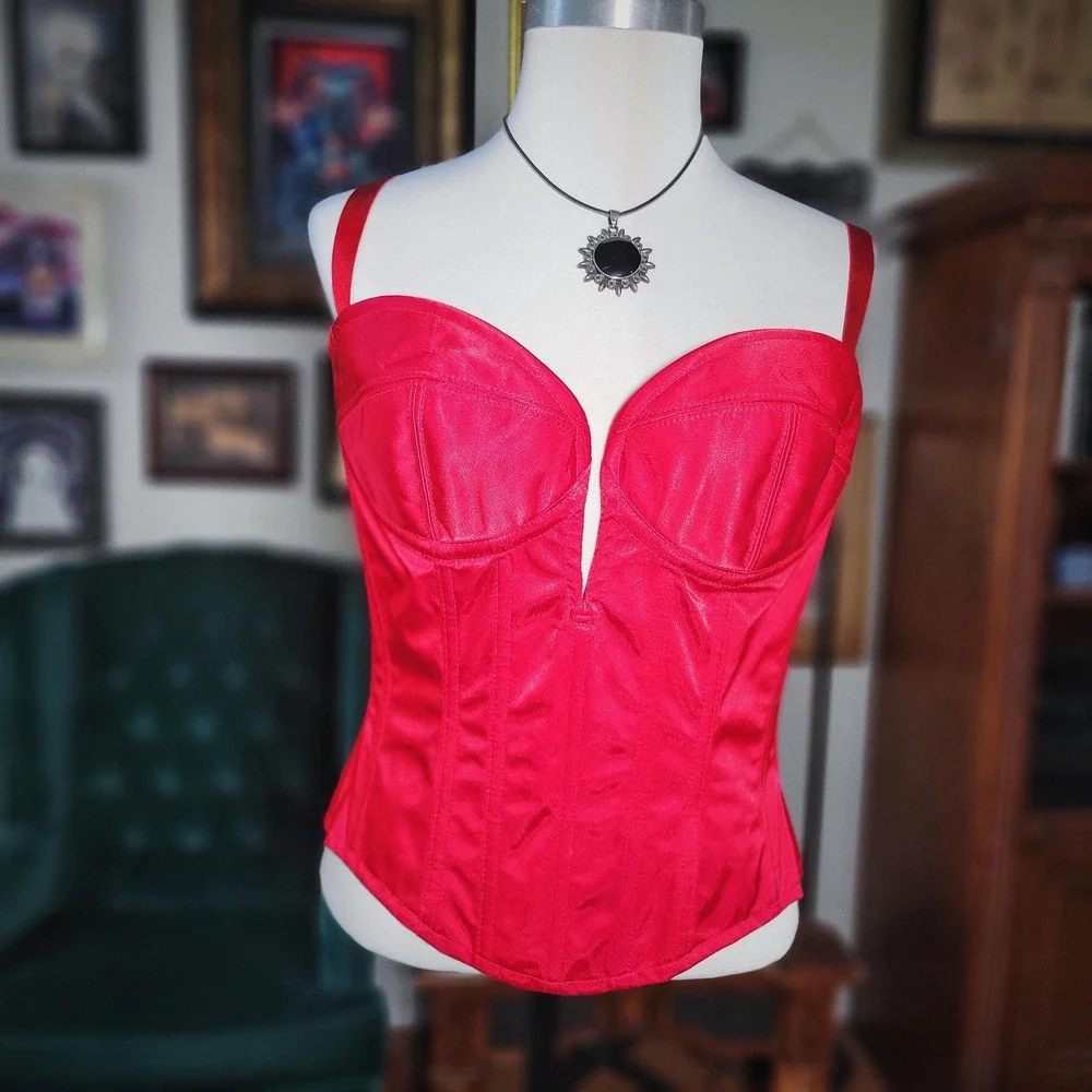 Red Trashy Lingerie Corset Bustier Vintage 70s Womens Boned Sweetheart Strap XS‎